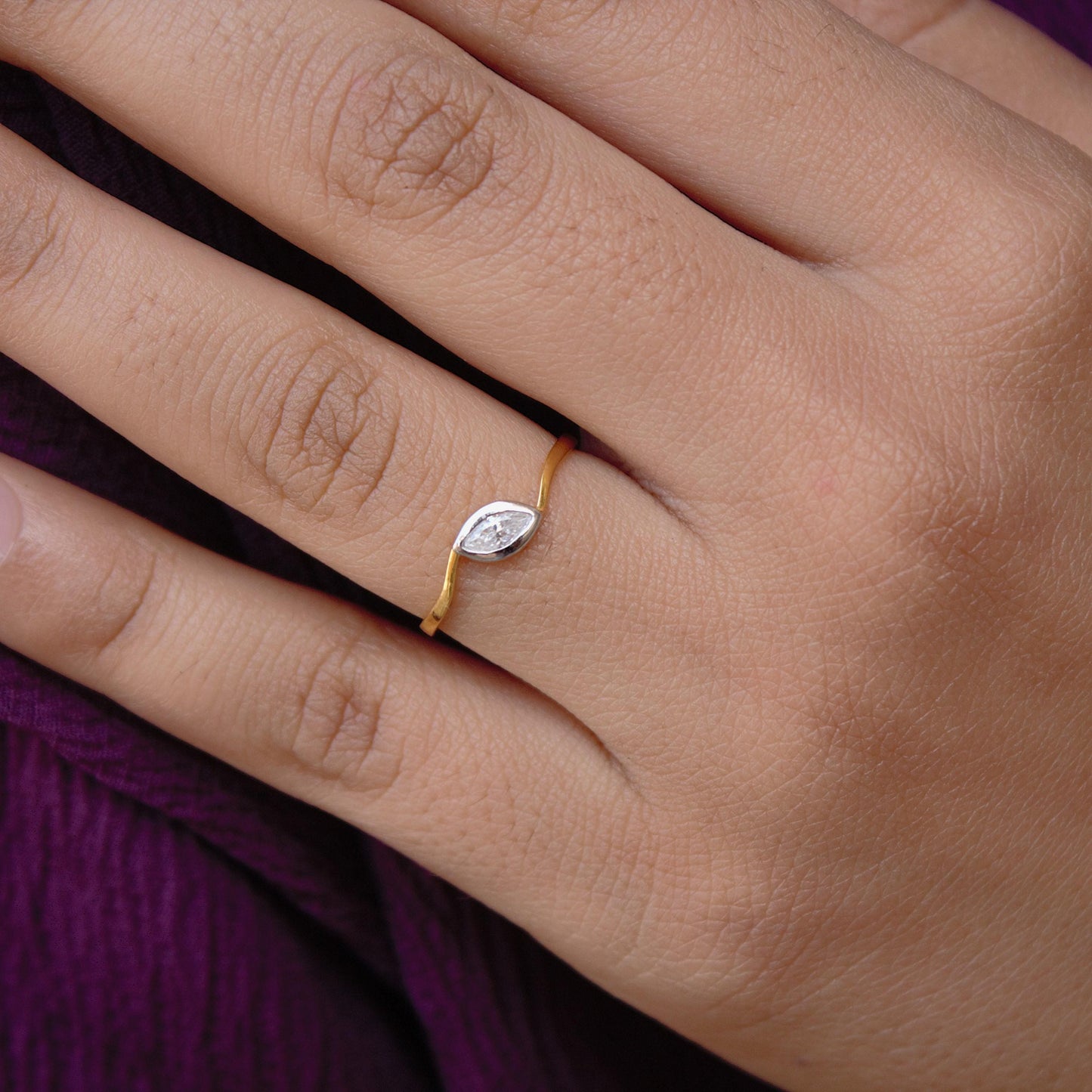 Marquise Cut Solitaire Ring, 18K Gold 1 Gram Moissanite Ring, Tiny Gold Moissanite Ring, Ideal Gift for Her, Bezel Setting Single Stone Ring