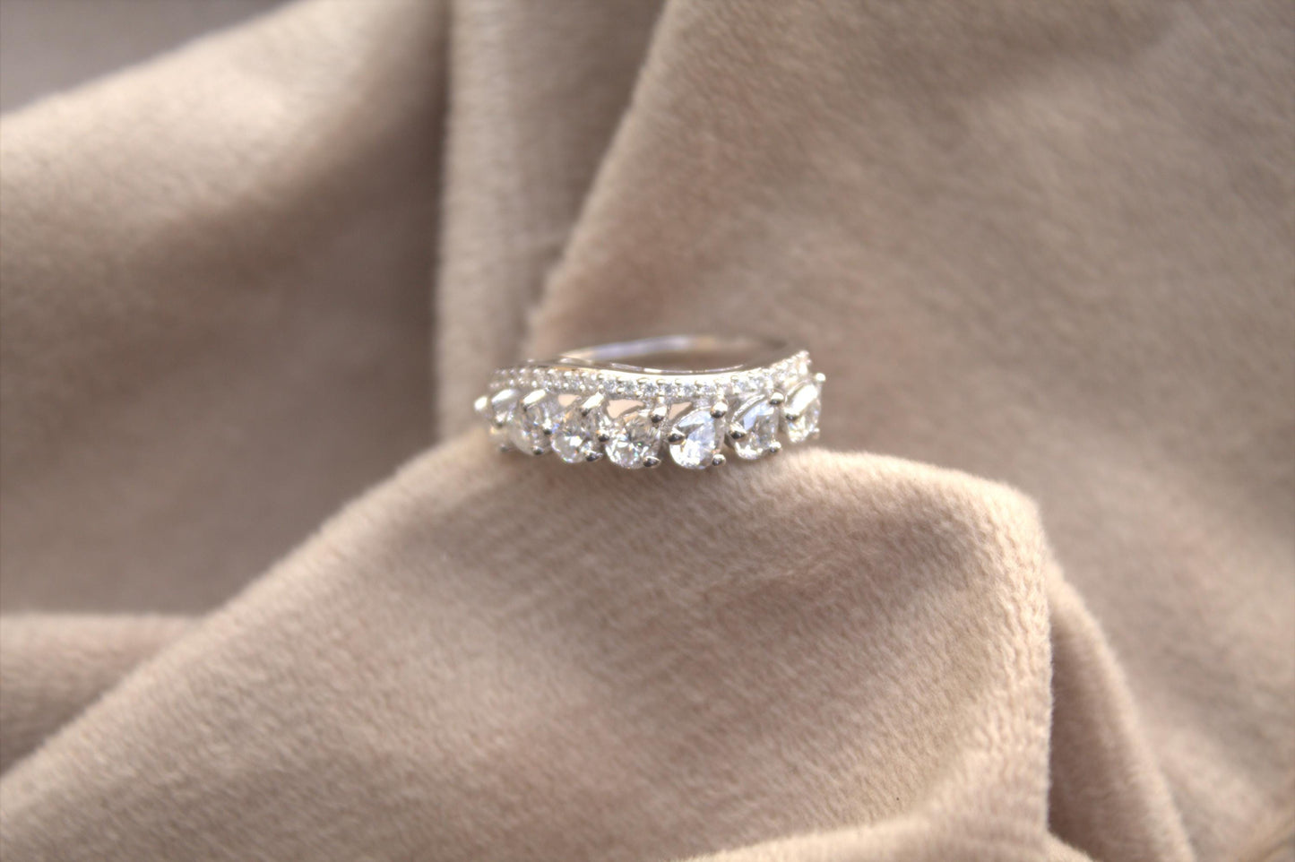 Half Eternity Moissanite Ring Band, Pear Cut White Stone Ring, 925 Sterling Silver Stackable Ring, Engagement/Anniversary Band, Gift for Her