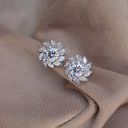 Moissanite Stud Earrings in 925 Sterling Silver, Marquise and Round Cut Stone Earrings, Floral Shape Earrings for Bride, White Stone Studs