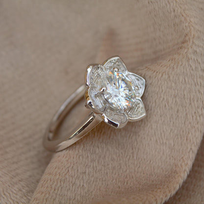 Floral Moissanite Silver Ring - Vintage Flower Engagement Ring, Nature-Inspired Promise Ring, 925 Sterling Silver Unique Bridal Jewelry Gift