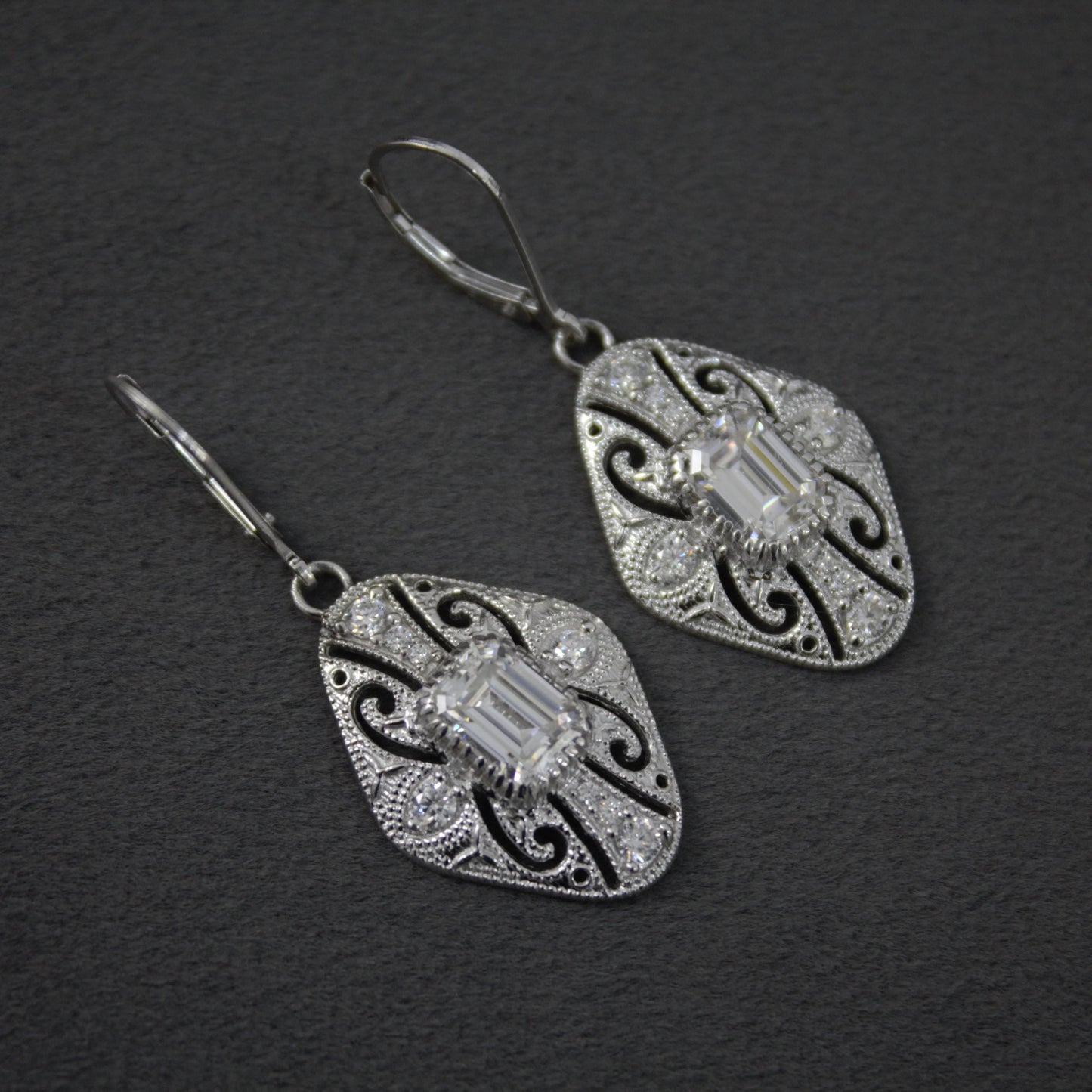 Vintage Style Moissanite Dangle Earrings, 925 Sterling Silver Art Deco Earrings, Antique Filigree Design Earrings, Emerald Cut Earrings