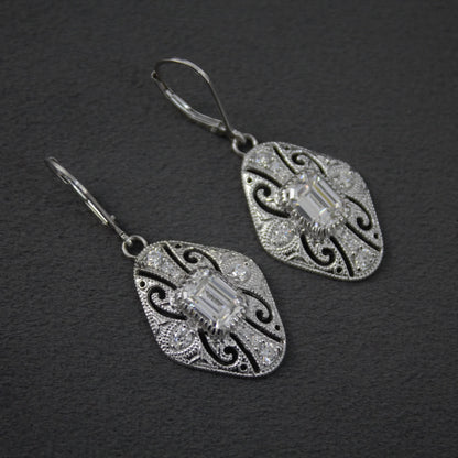 Vintage Style Moissanite Dangle Earrings, 925 Sterling Silver Art Deco Earrings, Antique Filigree Design Earrings, Emerald Cut Earrings