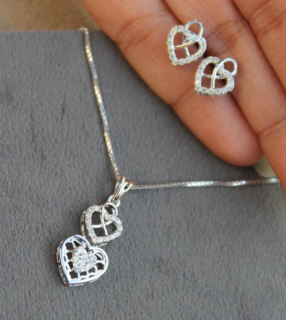 Heart Shape White Gold Pendant Earrings Set, Perfect Gift For Valentines Day, Natural Diamond Gold Jewelry Set, 18k Gold Pendant With Chain