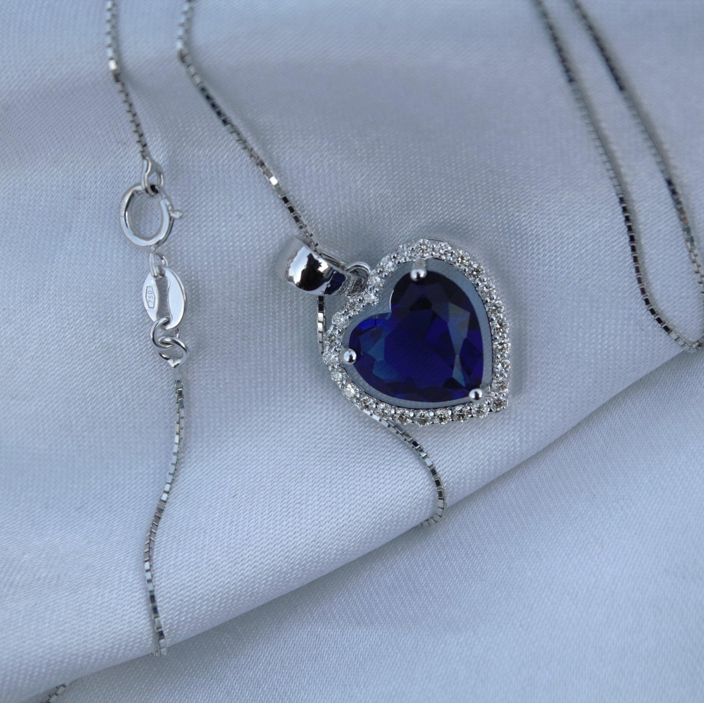 Heart Shape Blue Sapphire with Natural Diamond Jewelry Set, Solitaire Halo Pendant with Stud Earrings, 18k White Gold Jewelry Set for Girls