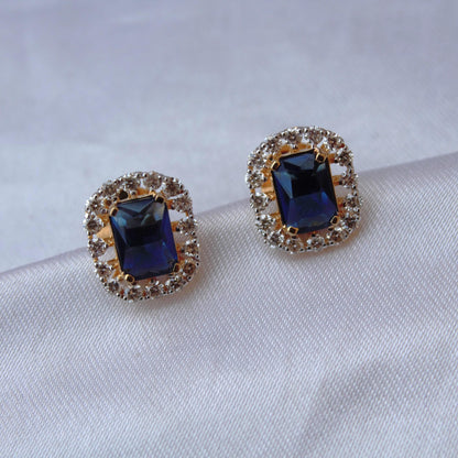 Emerald Cut Blue Sapphire with Real Diamonds Jewelry Set, Solitaire Halo Pendant with Stud Earrings, 18k Yellow Gold Jewelry Set for Bride