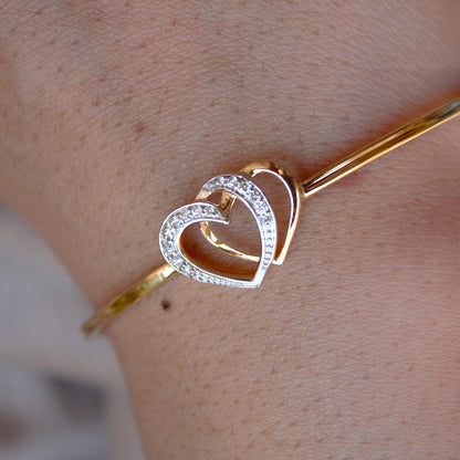 Heart Shape Natural Diamond Gold Bracelet, 14K Solid Gold Adjustable Bracelet, 0.14 Carat Natural Diamond Gold Cuff Bracelet For Girlfriend