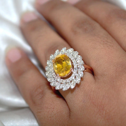 Real Gold Yellow Sapphire & Diamond Ring, Unique Cluster Engagement Ring, Real Gold Diamond Jewelry Fine Jewelry Gift for Women or Daughter