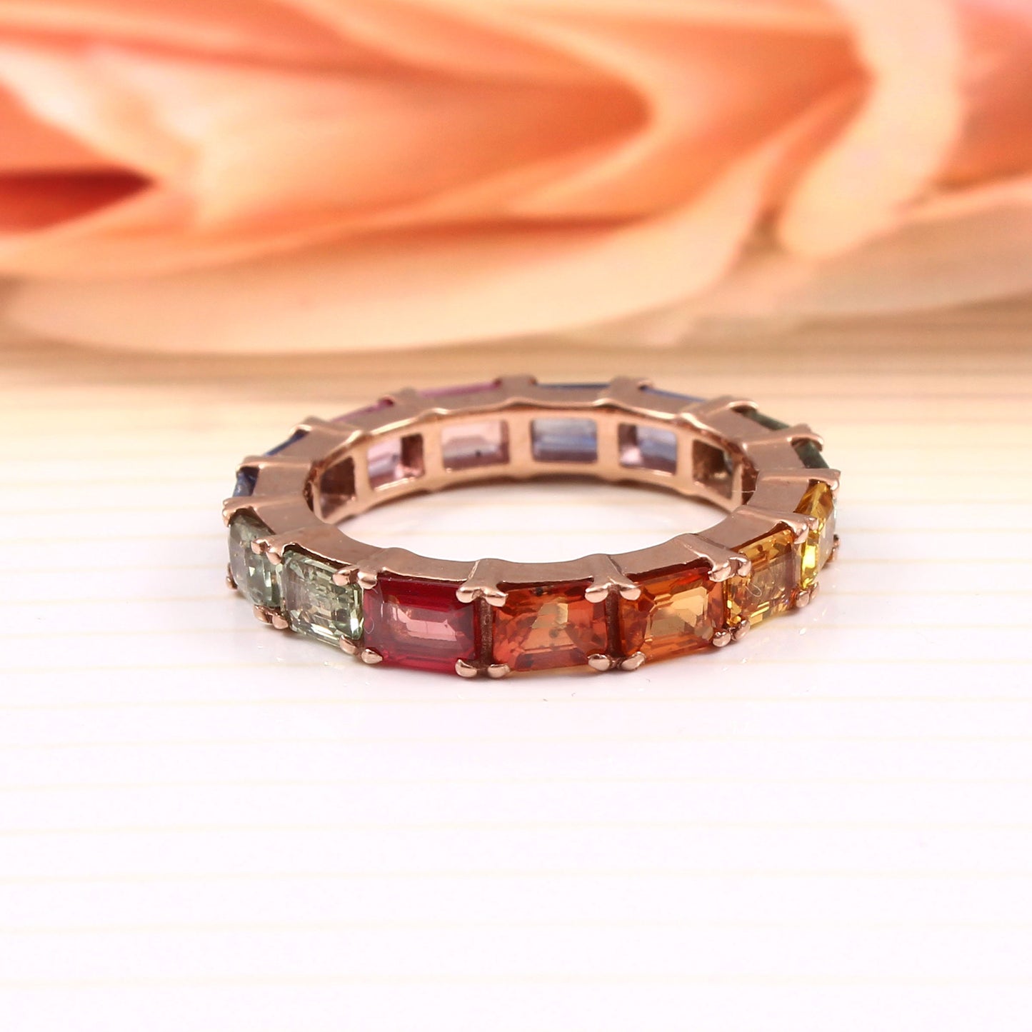 Multi Sapphire Gold Band, Rainbow Sapphire Emerald Cut, Full Eternity Band, Engagement Rainbow Ring, Natural Sapphires Eternity Band For Her