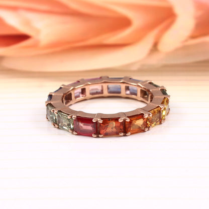 Multi Sapphire Gold Band, Rainbow Sapphire Emerald Cut, Full Eternity Band, Engagement Rainbow Ring, Natural Sapphires Eternity Band For Her