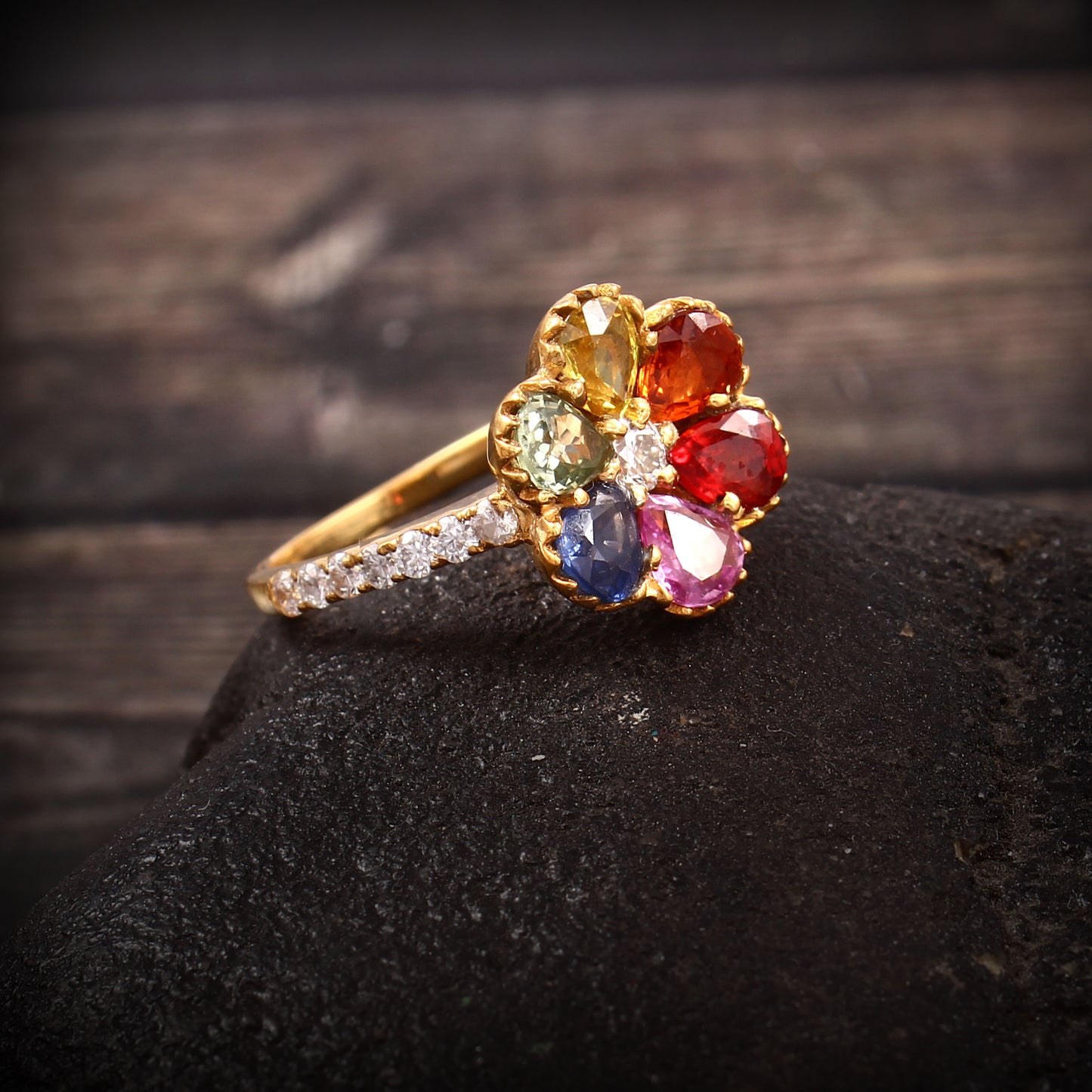 Natural Rainbow Sapphire Ring, Moissanite Engagement Gold Ring, Flower Ring, Colorful Sapphire Ring, Pear Cut Stone Ring, Designer Jewelry