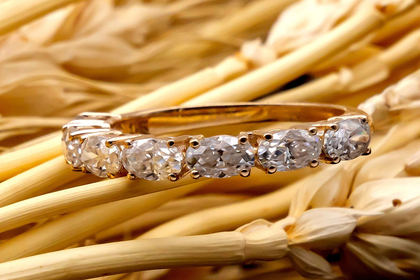 Solid Gold Ring, Moissanite Oval Ring, Half Eternity Band, 10k, 14k, 18k Gold Vintage Ring, Wedding Eternity Band, Gold Ring for Bridesmaids