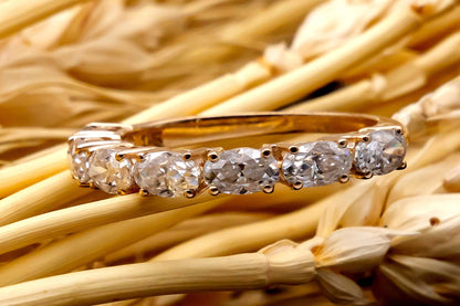 Solid Gold Ring, Moissanite Oval Ring, Half Eternity Band, 10k, 14k, 18k Gold Vintage Ring, Wedding Eternity Band, Gold Ring for Bridesmaids