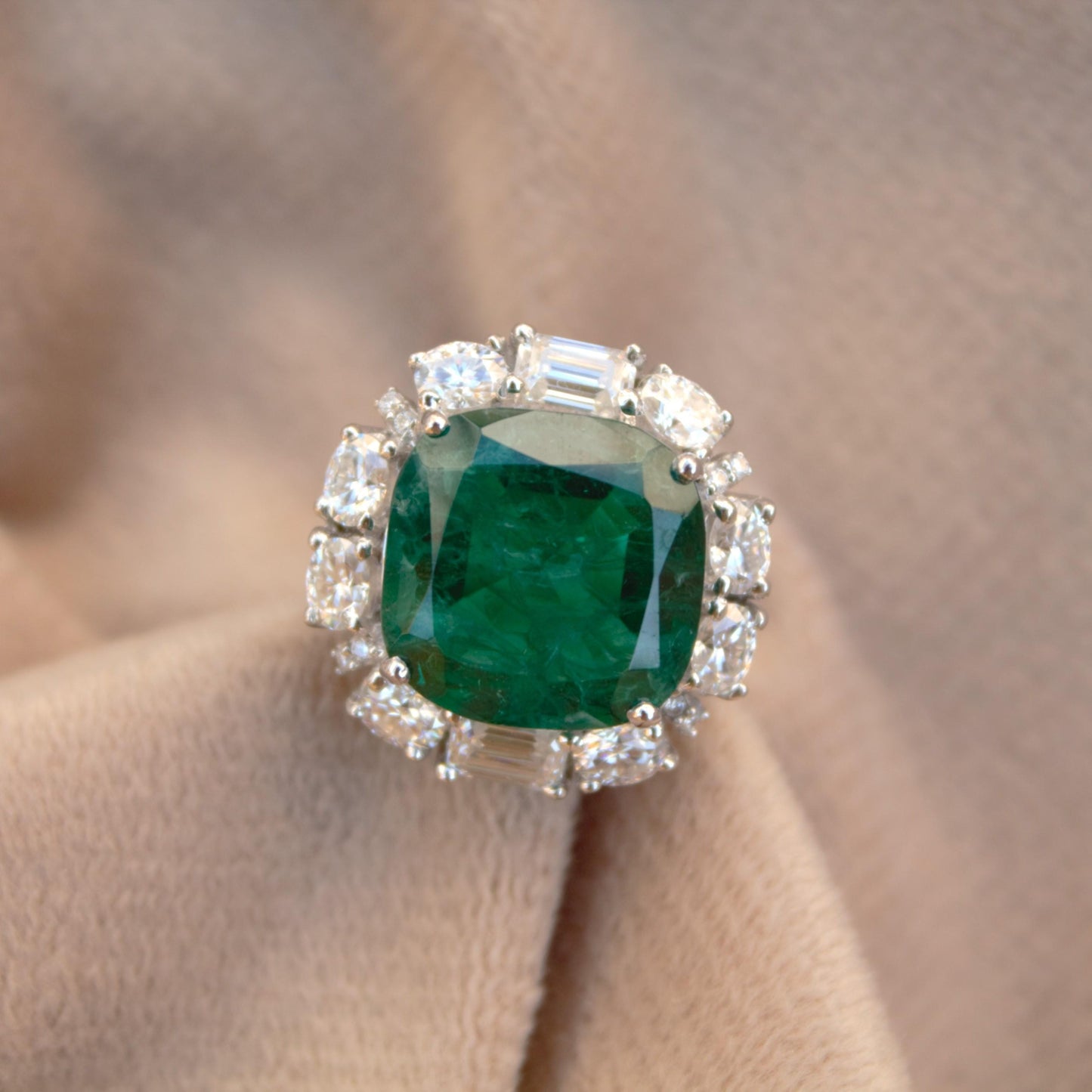 Cushion Emerald Inclusion with Moissanite Ring, Green Gemstone Silver Jewelry, 925 Silver Statement Ring For Anniversary Gift