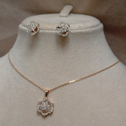 Floral Shape Gold Diamond Jewelry Set, 18k Rose Gold Chain Pendant with Stud Earrings, Real Diamond Bridal Jewelry Set for Wedding Gift