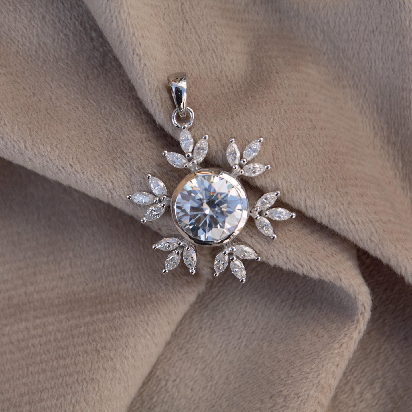 Colorless Moissanite 925 Sterling Silver Pendant for Chain, Floral Design Pendant, Marquise and Round Cut Stone Pendant, Birthday Gift