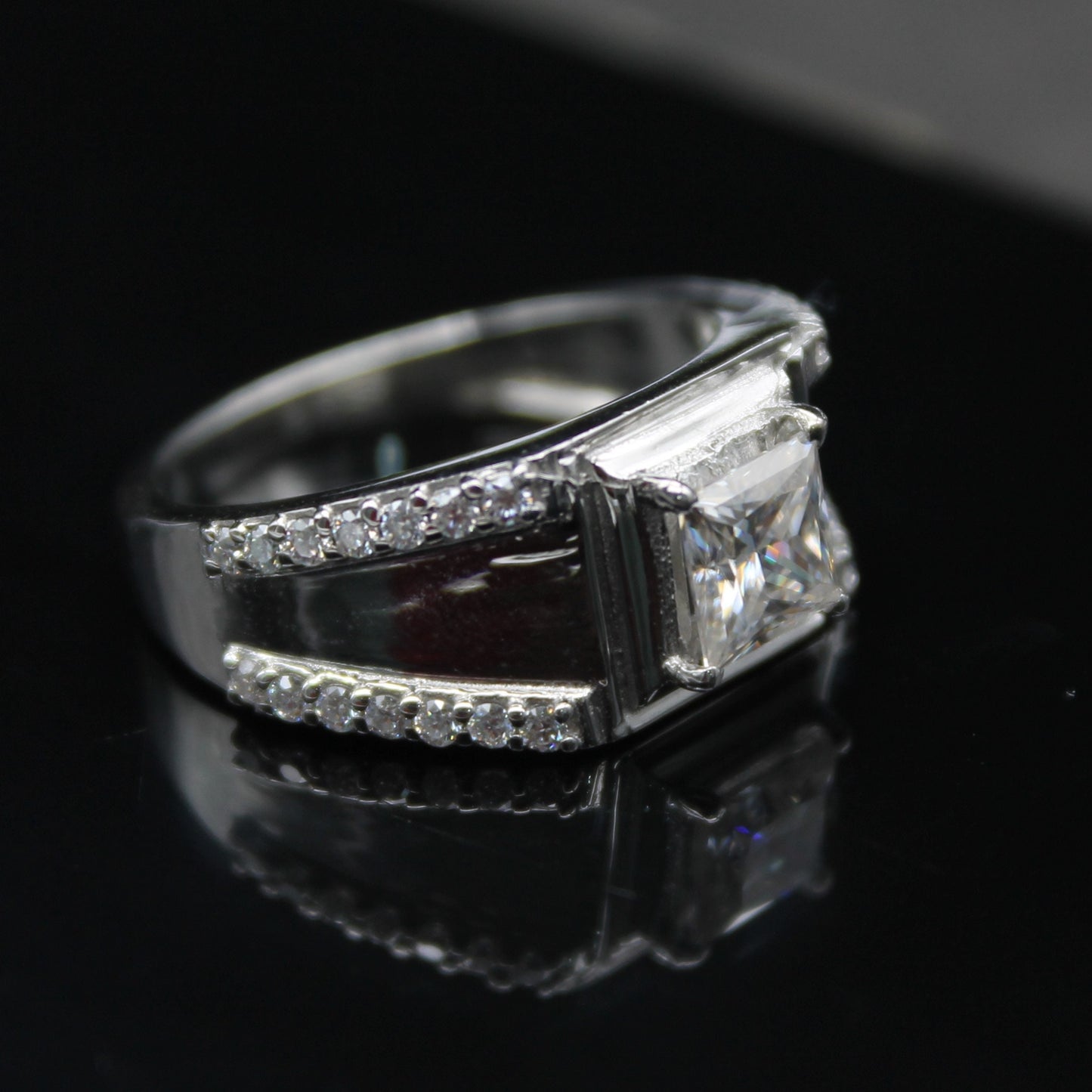 Princess Cut With Side Round Moissanite Ring, Men's Wedding Ring, Unique Silver Ring, Moissanite Jewelry for Him, 925 Sterling Silver Ring