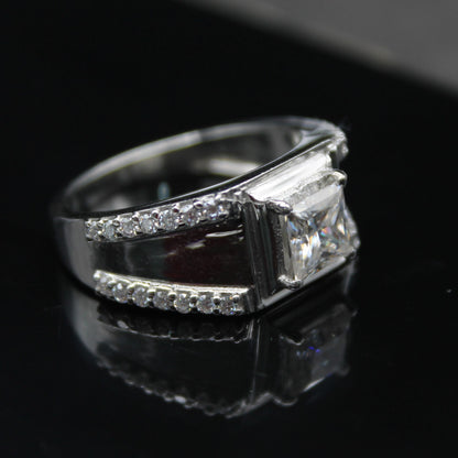 Princess Cut With Side Round Moissanite Ring, Men's Wedding Ring, Unique Silver Ring, Moissanite Jewelry for Him, 925 Sterling Silver Ring