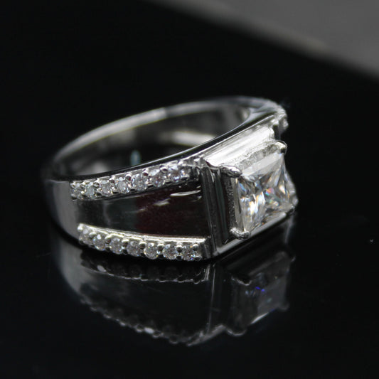 Princess Cut With Side Round Moissanite Ring, Men's Wedding Ring, Unique Silver Ring, Moissanite Jewelry for Him, 925 Sterling Silver Ring