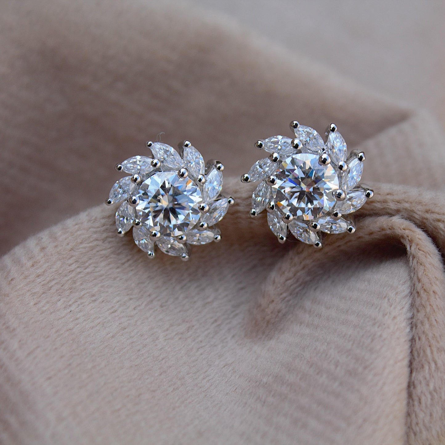 Moissanite Stud Earrings in 925 Sterling Silver, Marquise and Round Cut Stone Earrings, Floral Shape Earrings for Bride, White Stone Studs