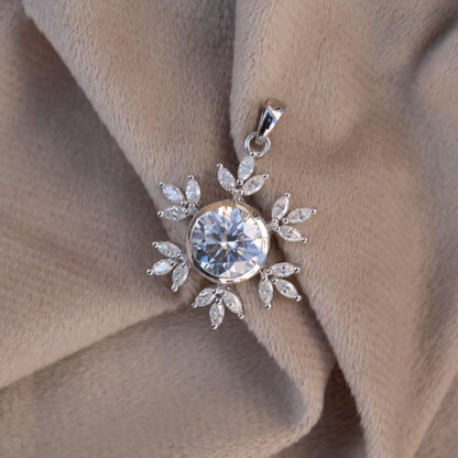 Colorless Moissanite 925 Sterling Silver Pendant for Chain, Floral Design Pendant, Marquise and Round Cut Stone Pendant, Birthday Gift