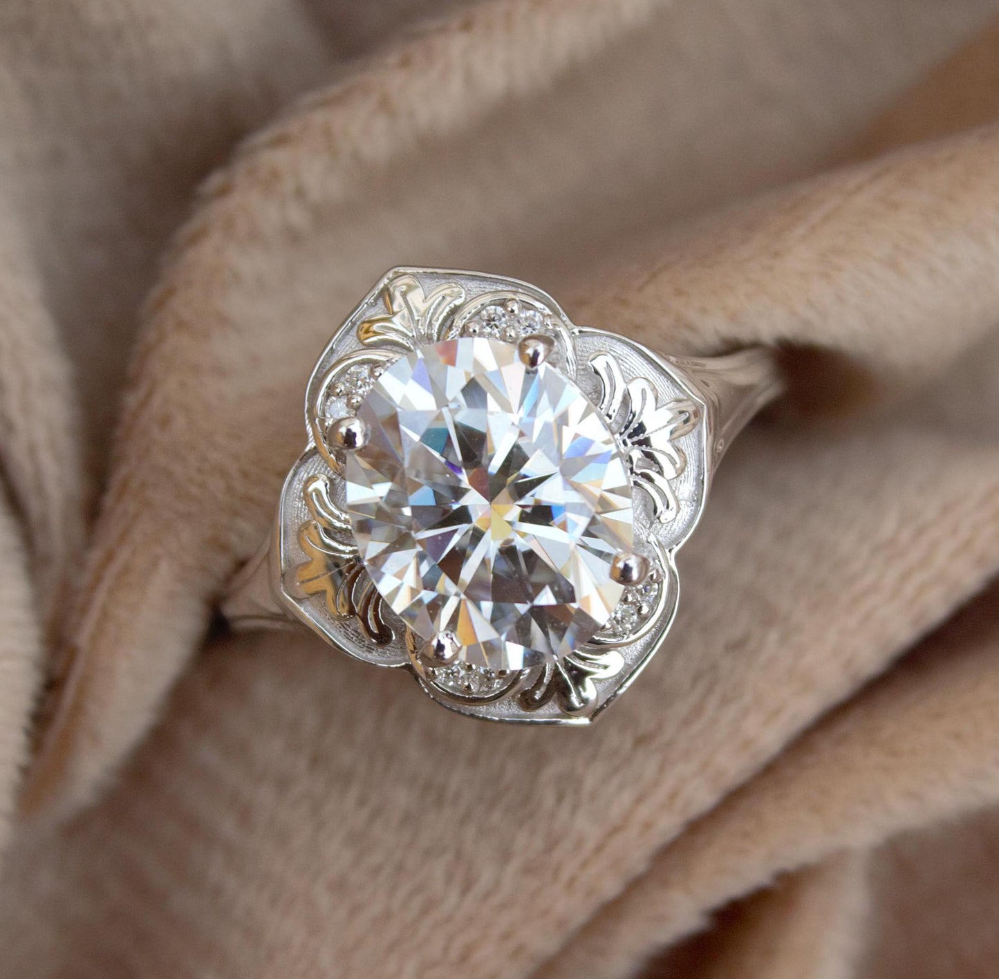 925 Sterling Silver Moissanite Ring, Designer Floral Ring, Luxurious Oval Cut Moissanite Jewelry, Cocktail Party Wear Ring, Graduation Gift