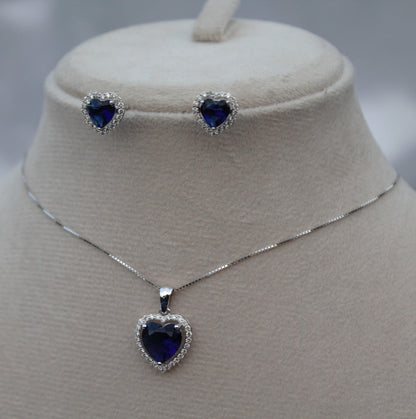 Heart Shape Blue Sapphire with Natural Diamond Jewelry Set, Solitaire Halo Pendant with Stud Earrings, 18k White Gold Jewelry Set for Girls