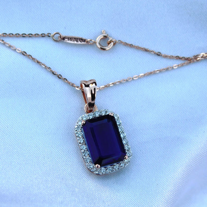 Blue Sapphire with Real Diamond Jewelry Set, 18k Rose Gold Solitaire Halo Pendant with Stud Earrings, Emerald Cut Necklace Earrings Set