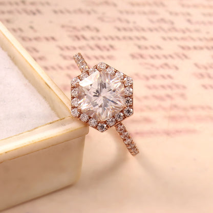 Moissanite Hexagon Ring, Side Melee Stones Ring, 7.5 MM Moissanite Jewelry, Designer Wedding Ring for Bride, Statement Solid Gold Ring Gifts