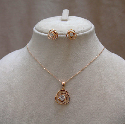 Real Diamond Solitaire Necklace Set, Round Cut Pendant with Stud Earrings,18k Rose Gold Charm Pendant, Tiny Stud Earrings, Gift for Daughter