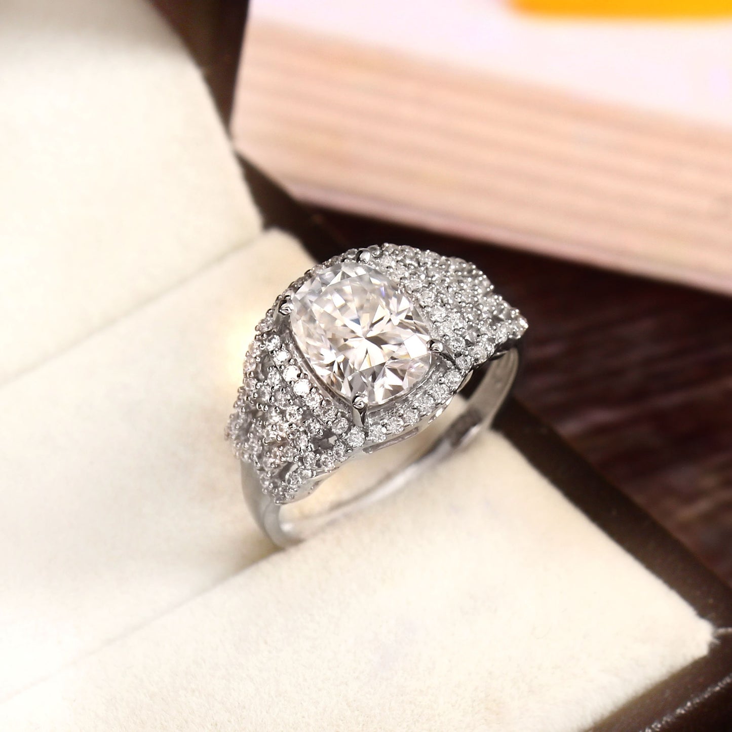 Prong Setting Solid Gold Moissanite Ring, Cushion Cut Art Deco Cocktail Ring, 10K-14K or 18K Vintage Victorian Inspired Statement Jewelry