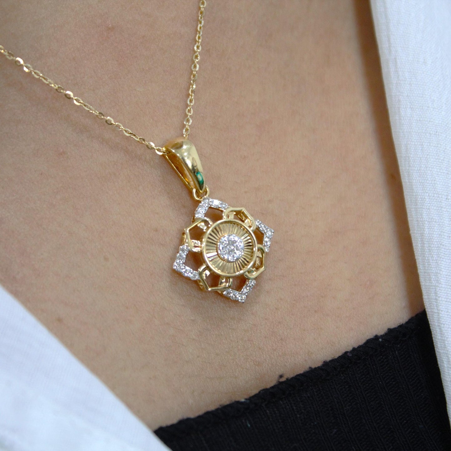 18k Yellow Gold Necklace with Earrings, Real Diamond Jewelry Set, Gold Diamond Jewelry for Her, Minimalist Charm Pendant with Chain and Stud