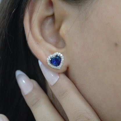 Heart Shape Blue Sapphire with Natural Diamond Jewelry Set, Solitaire Halo Pendant with Stud Earrings, 18k White Gold Jewelry Set for Girls