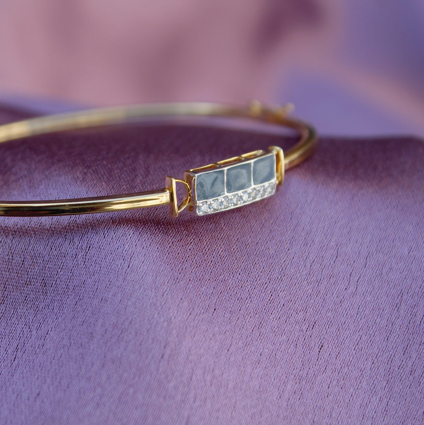 14K Solid Gold Cuff Bracelet, Natural Diamond With Enamel Bracelet, H - I Color S - I Clarity Real Diamond Bracelet, Gift For Special One