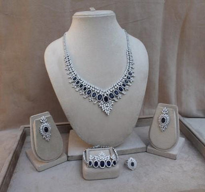 925 Sterling Silver CZ Jewelry Set, Synthetic Sapphire Choker Necklace Set for Women, Statement Bridal Necklace with Earrings-Ring-Bracelet
