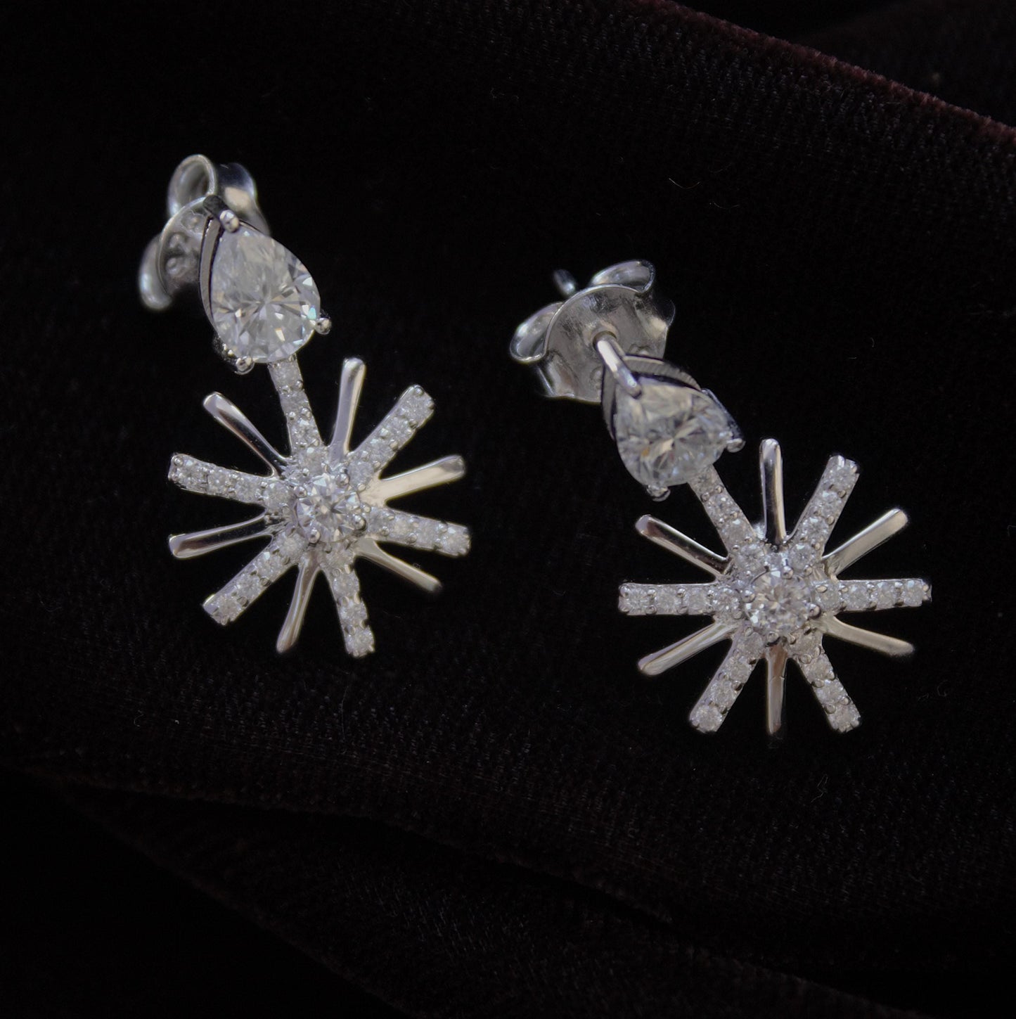 Moissanite Cluster Flower Stud Dangle Earrings, Designer Party Wear Earrings, Floral Shape Earrings for Women, Vintage Earrings in Silver