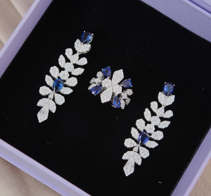 Silver CZ Necklace Set, 925 Sterling Silver Necklace with Earrings- Ring- Bracelet, CZ Stones with Synthetic Sapphire Bridal Jewelry Set