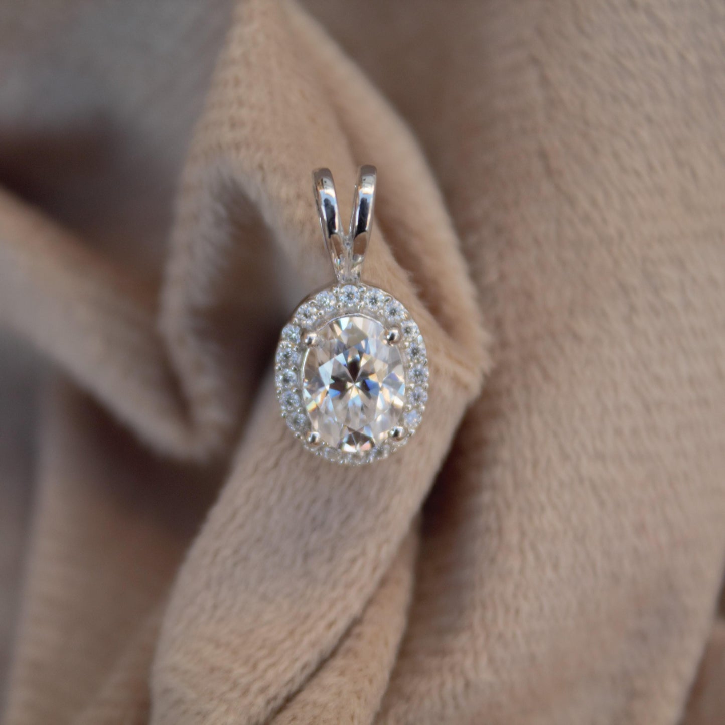 Oval Moissanite 925 Sterling Silver Halo Pendant, Minimalist Jewelry, Silver Dainty Pendant, Four Prong Pendant, Perfect Gift for Bridesmaid