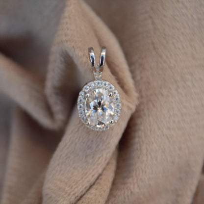 Oval Moissanite 925 Sterling Silver Halo Pendant, Minimalist Jewelry, Silver Dainty Pendant, Four Prong Pendant, Perfect Gift for Bridesmaid