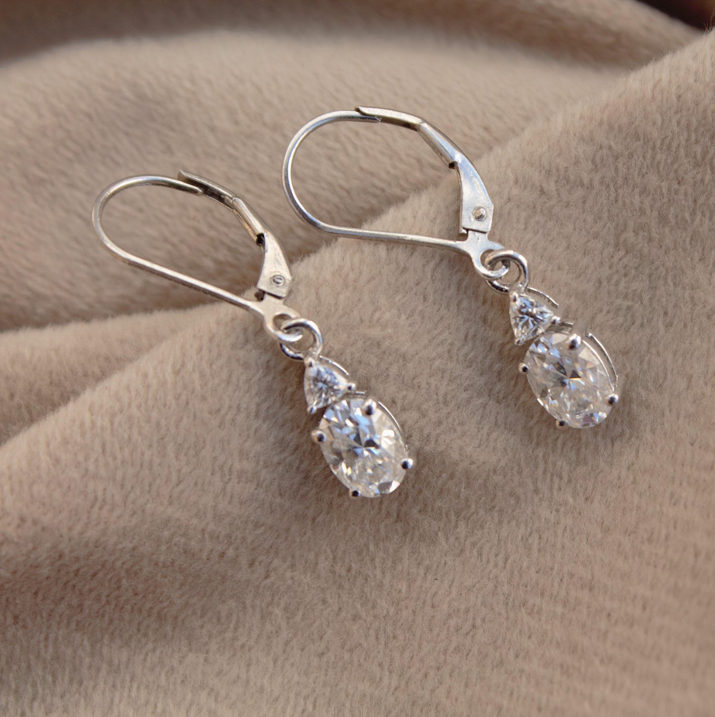 Oval and Trillion Cut Moissanite Earrings, 925 Sterling Silver Lever Back Earrings, Vintage Style Minimalist Earrings, White Stone Earrings