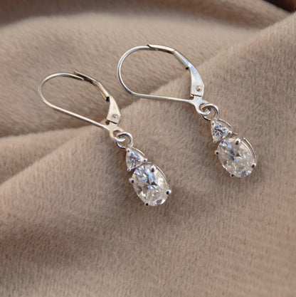 Oval and Trillion Cut Moissanite Earrings, 925 Sterling Silver Lever Back Earrings, Vintage Style Minimalist Earrings, White Stone Earrings