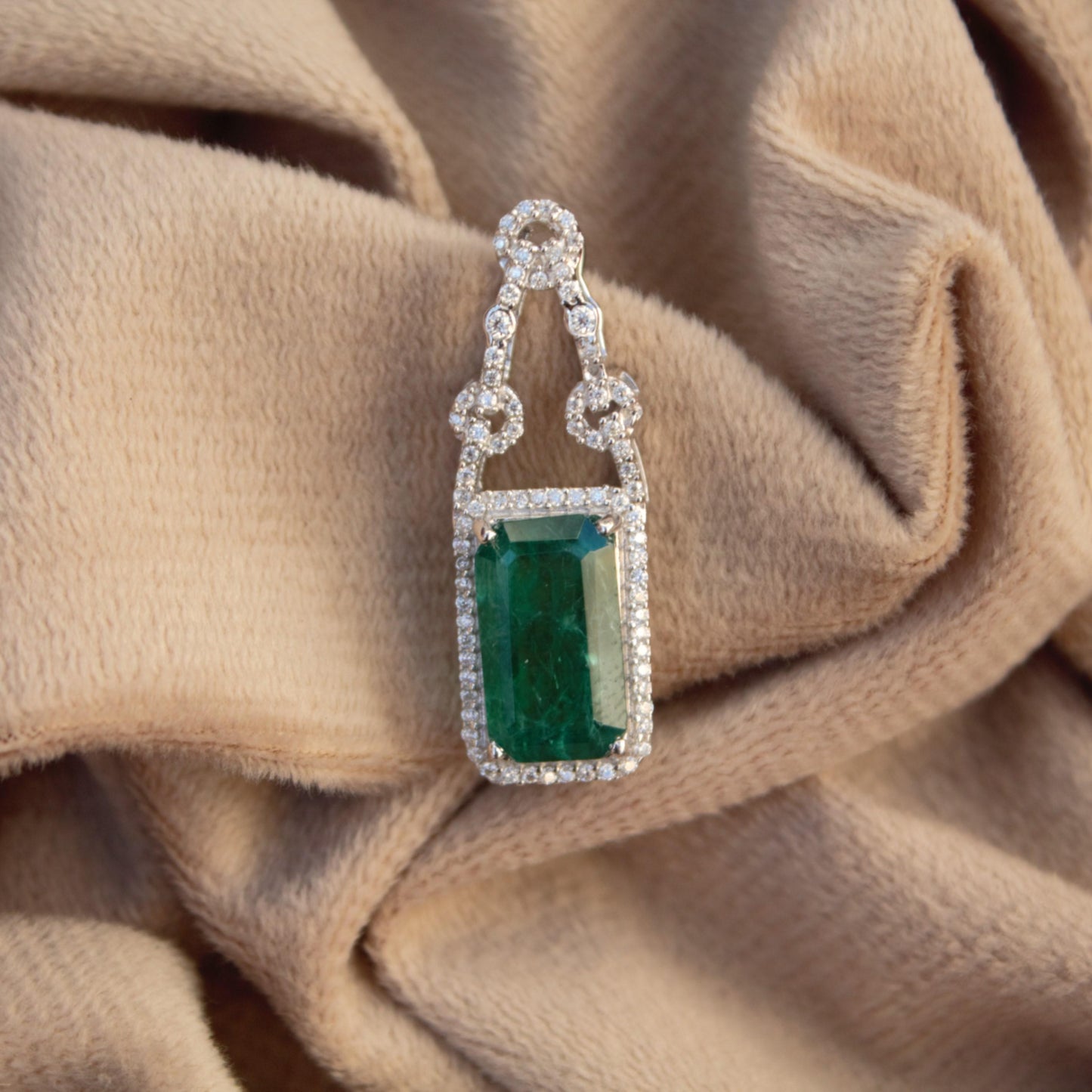 Moissanite & Green Inclusions Emerald Silver Pendant, Statement Pendant For Anniversary Gift, 925 Sterling Silver Emerald Cut Pendant