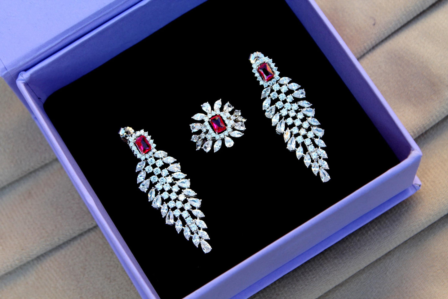 Luxurious Bridal Jewelry Set, Cubic Zirconia with Synthetic Ruby Jewelry, 925 Sterling Silver Necklace With Earrings, Ring, Bracelet Set