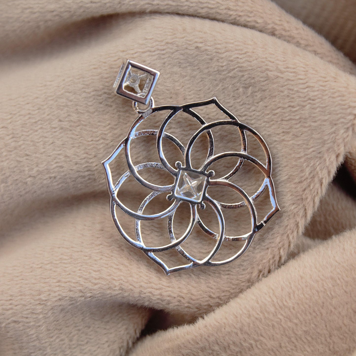 Seed of Life Chakra Pendant, Princess Cut Moissanite Pendant, Designer Healing Jewelry, Handmade Vintage Pendant, Perfect for Birthday Gift