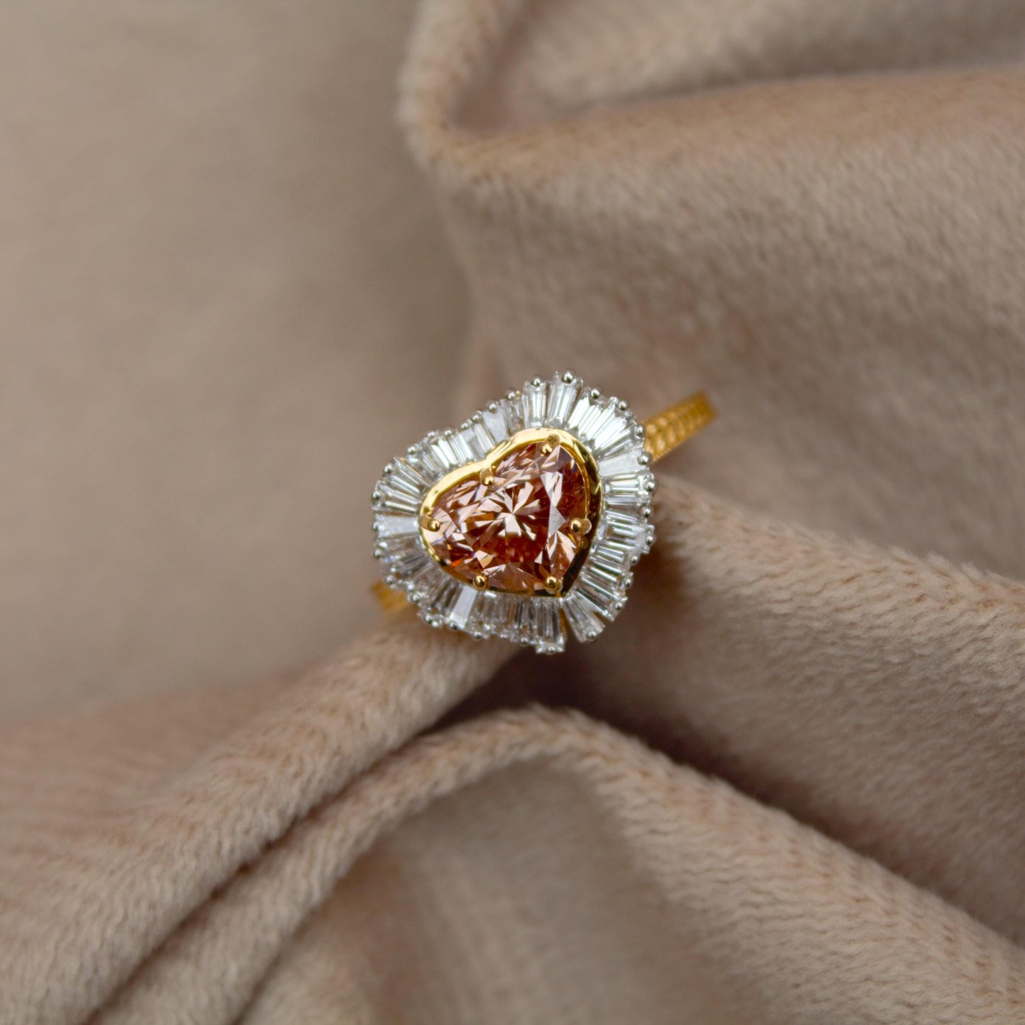 Natural Diamond with Lab Grown Diamond Heart Ring, 18K Solid Yellow Gold Ring, Heart Shape Engagement Ring for Bride, Baguette Diamond Ring