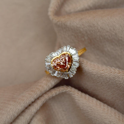 Natural Diamond with Lab Grown Diamond Heart Ring, 18K Solid Yellow Gold Ring, Heart Shape Engagement Ring for Bride, Baguette Diamond Ring