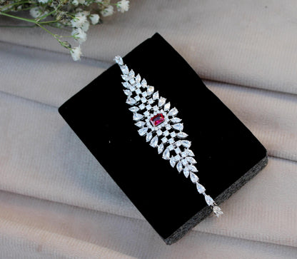 Luxurious Bridal Jewelry Set, Cubic Zirconia with Synthetic Ruby Jewelry, 925 Sterling Silver Necklace With Earrings, Ring, Bracelet Set