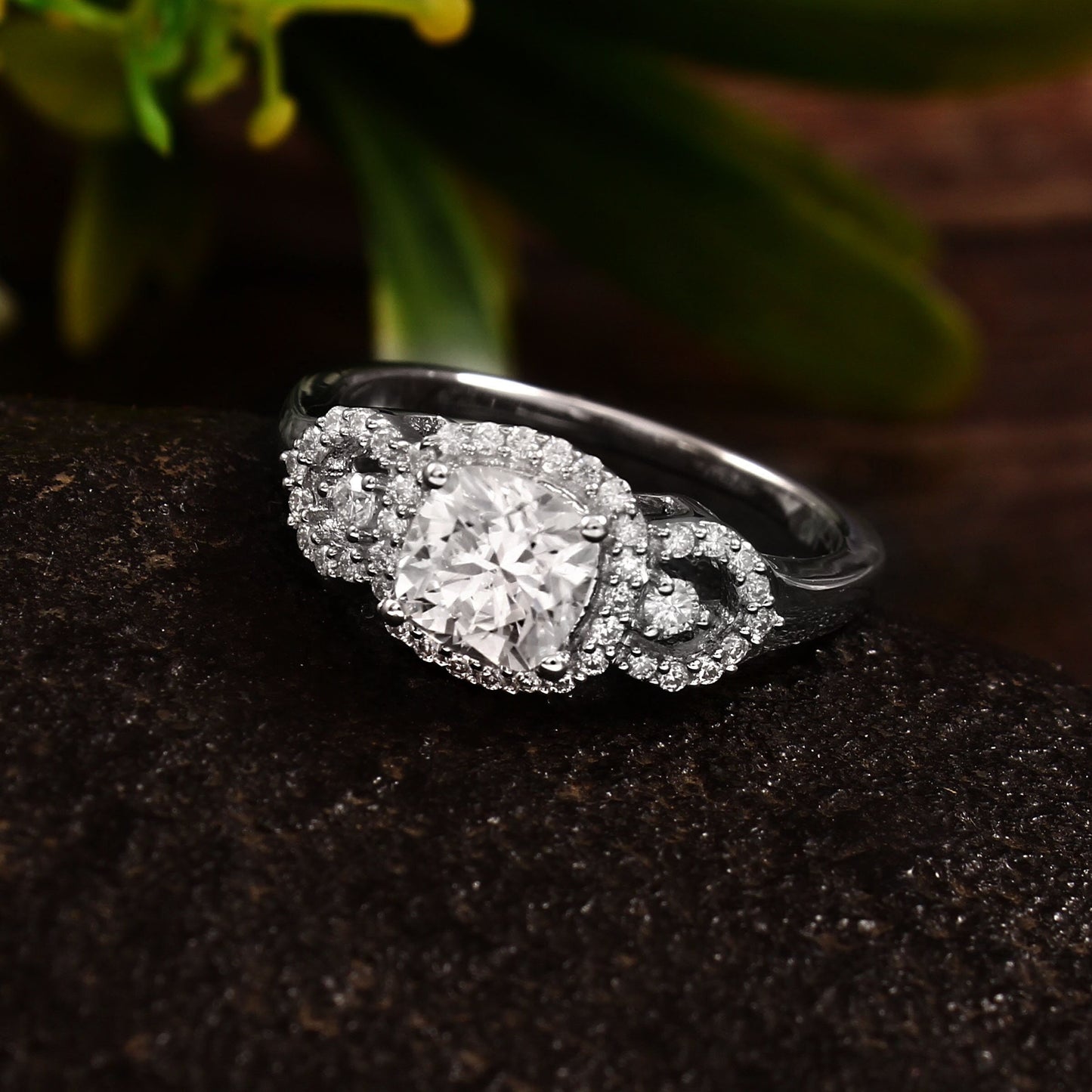 Prong Setting Cluster Ring in 18k Solid White Gold Ring, D Color VVS1 Moissanite Lightweight Jewelry, Cushion & Side Melee Moissanite Ring