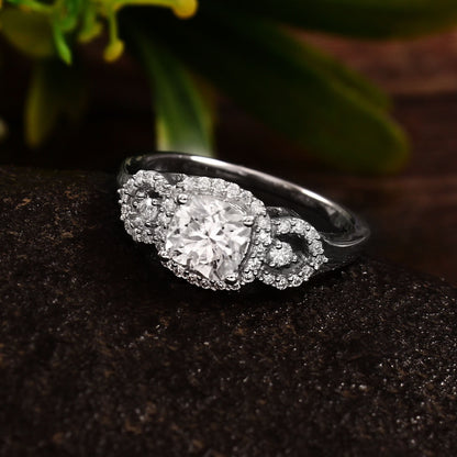 Prong Setting Cluster Ring in 18k Solid White Gold Ring, D Color VVS1 Moissanite Lightweight Jewelry, Cushion & Side Melee Moissanite Ring