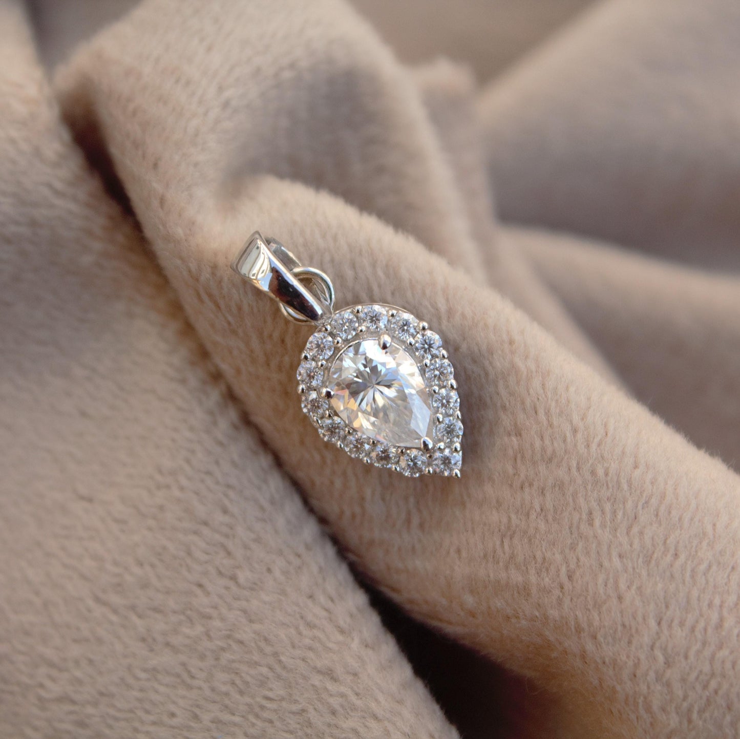 Solitaire Halo Pendant in 925 Sterling Silver, Pear Cut Moissanite Charm Pendant, Dainty Silver Pendant for Chain, Minimalist Jewelry Gift