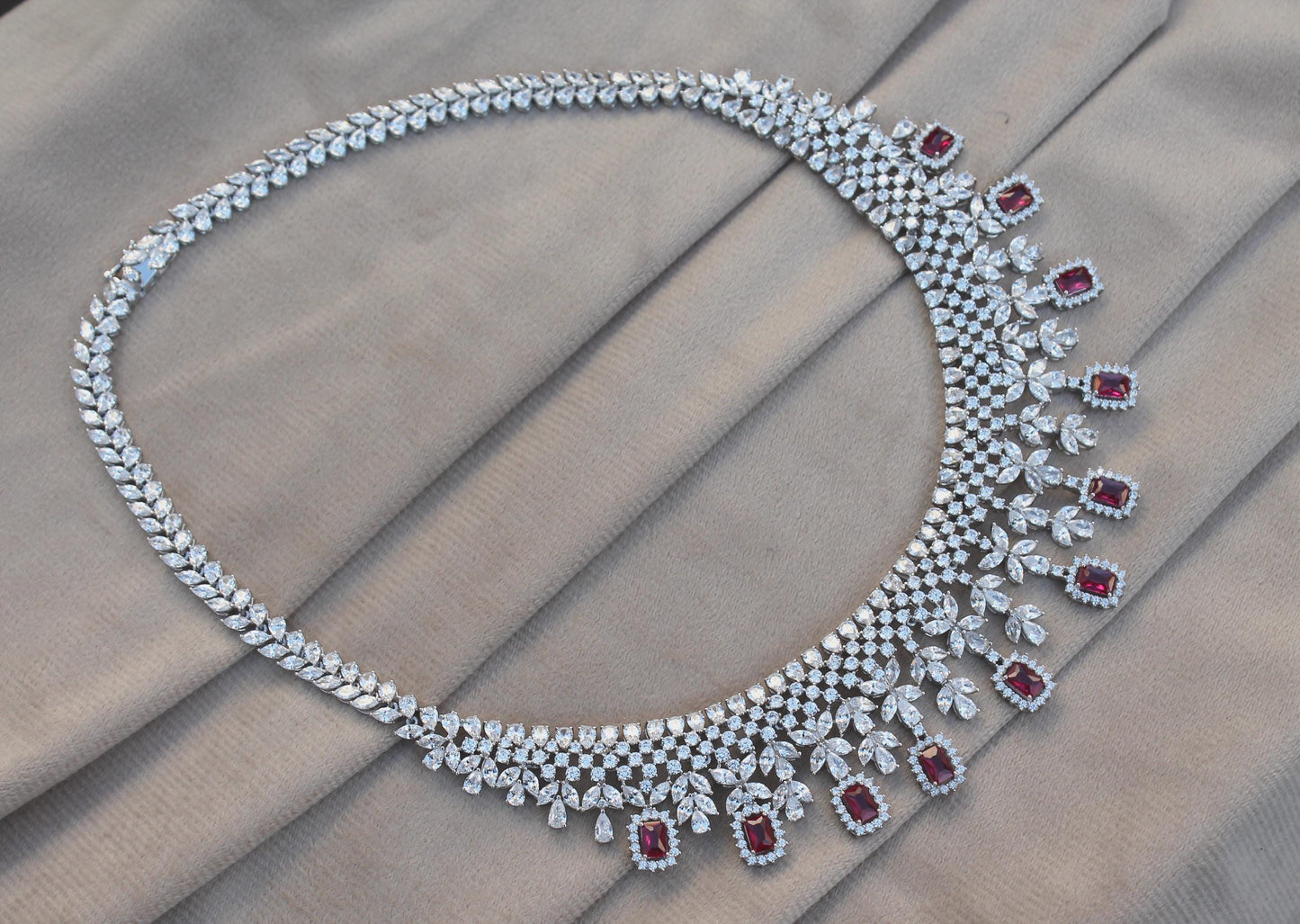 Luxurious Bridal Jewelry Set, Cubic Zirconia with Synthetic Ruby Jewelry, 925 Sterling Silver Necklace With Earrings, Ring, Bracelet Set